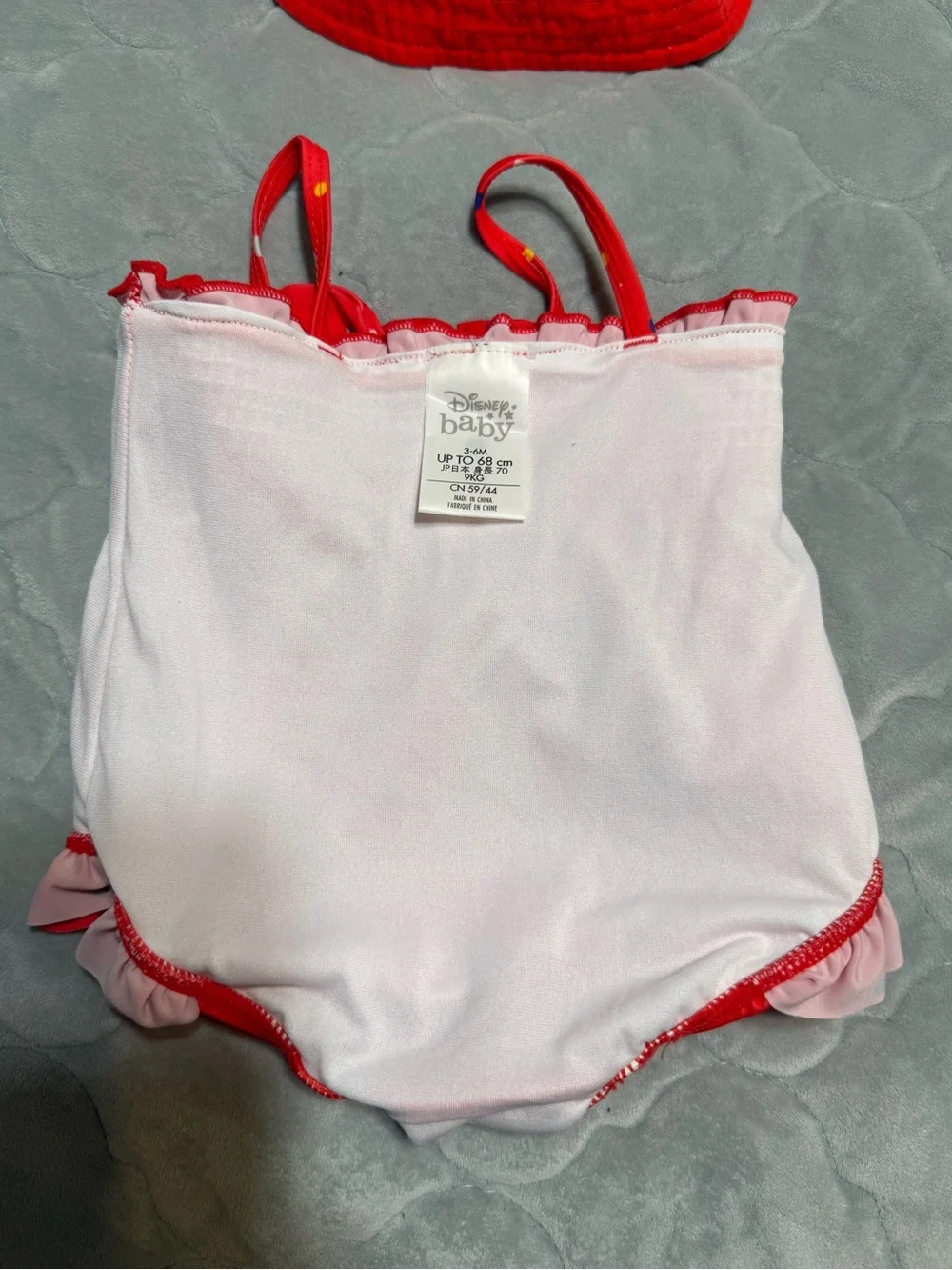 Minnie Mouse Red Polka Dot Toddler Swimsuit with Matching Hat size 3-6 monts